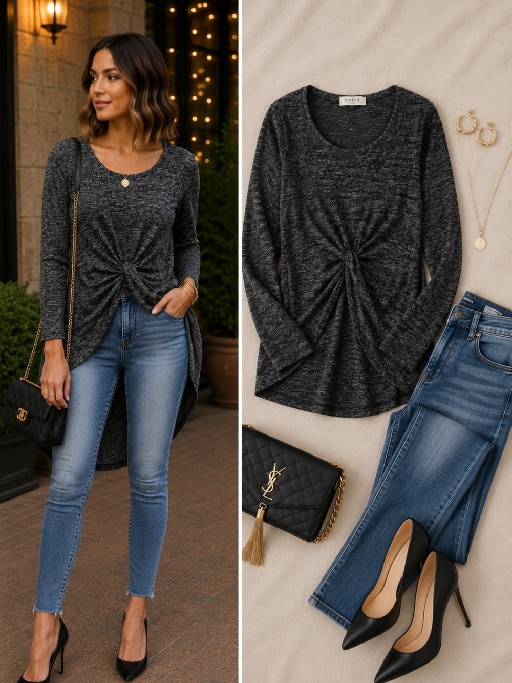 Timeless Gray Marled Twist Front High-Low Tunic Top | Long Sleeve | Small
